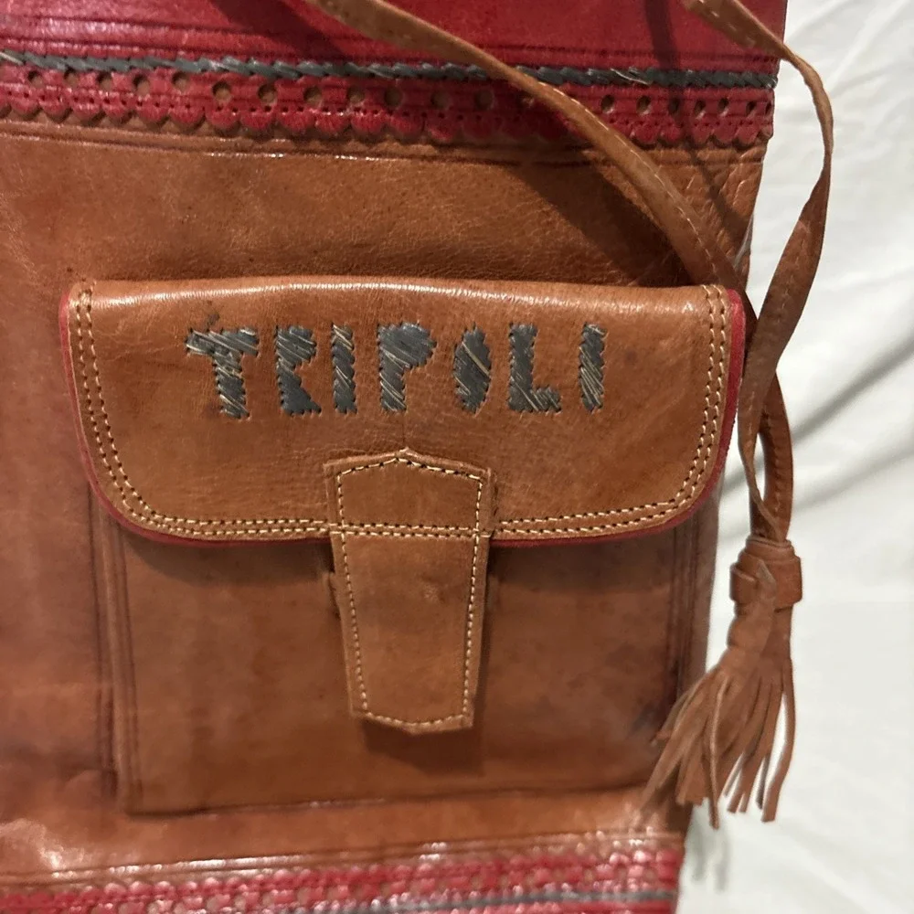 Vintage Cyprus Tourist Leather Drawstring Wrist Bag Handbag Wristlet Purse Tote‎